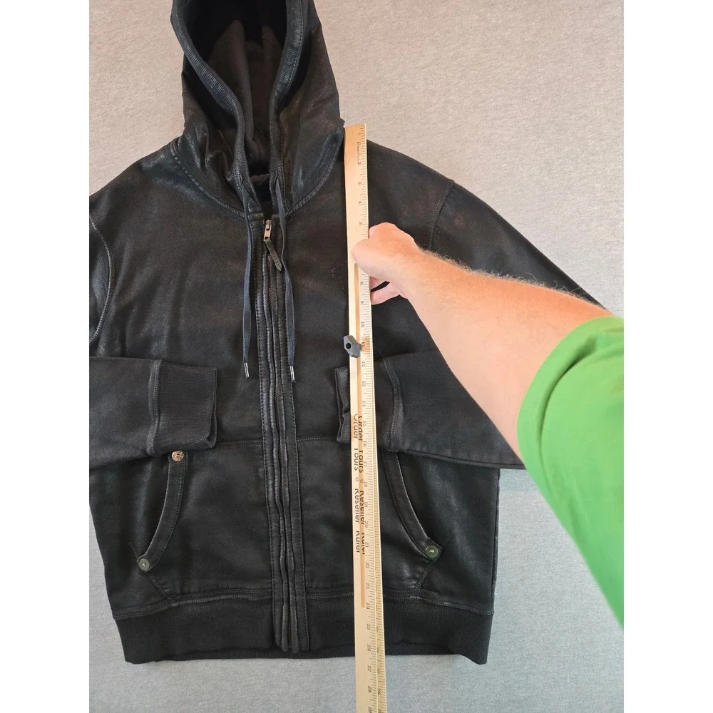 True Religion Hoodie Mens Large Black Coated Waxed Full Zip Horseshoe Logo Moto